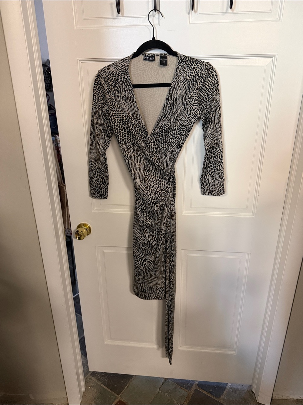 New York & Company Black and Cream Faux-Snakeskin Wrap Dress